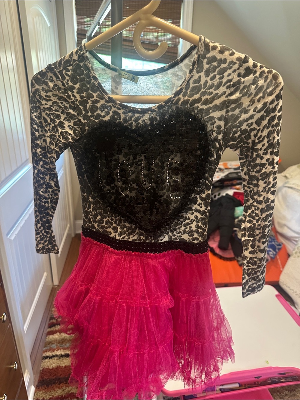 Little Mass Black Leopard Sequin Heart Top with Hot Pink Tulle Skirt